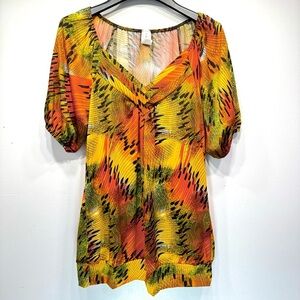 Multicolor Jewel Tones Short Balloon Sleeve Loose Fit V Neck Top by Discreet